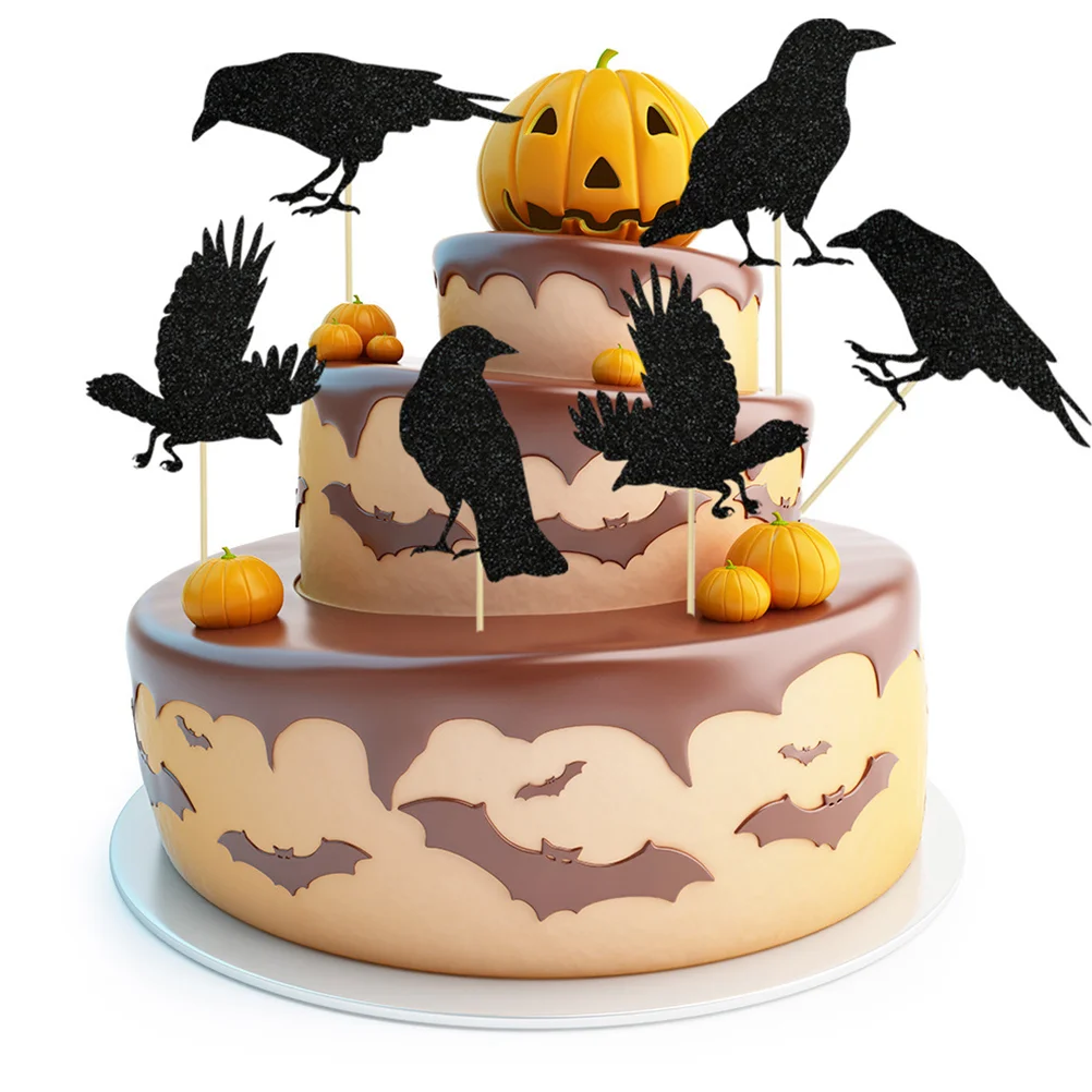 24 Pcs Crow Cake Inserting Card DIY Decor Dessert Topper Halloween Pick Cupcake Toppers Cakes Bats Toothpicks Hat Cards