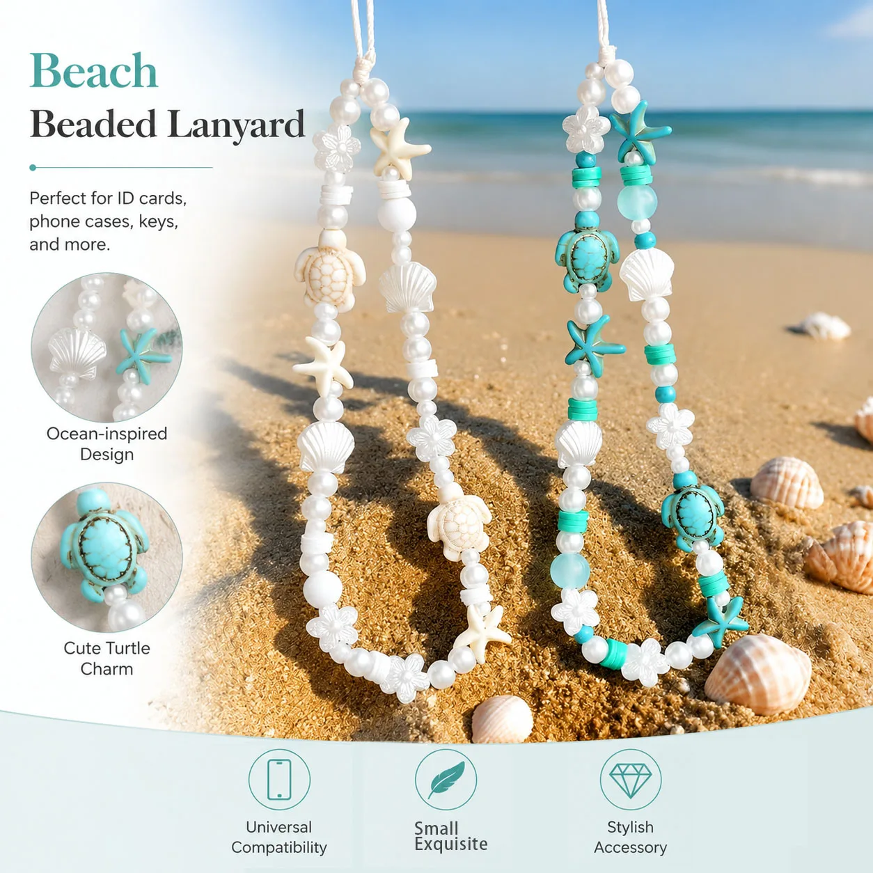 ins Ocean Beach Themed Beaded Phone Charm with Turtle Starfish Shell Pendants, Bag & Phone Case Decor Pendant