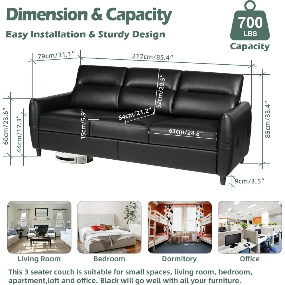 Sofá de couro sintético de 85 polegadas, sofá de couro preto com USB, sofás modernos de meados do século de 3 lugares, sala de estar, sofá de apartamento,