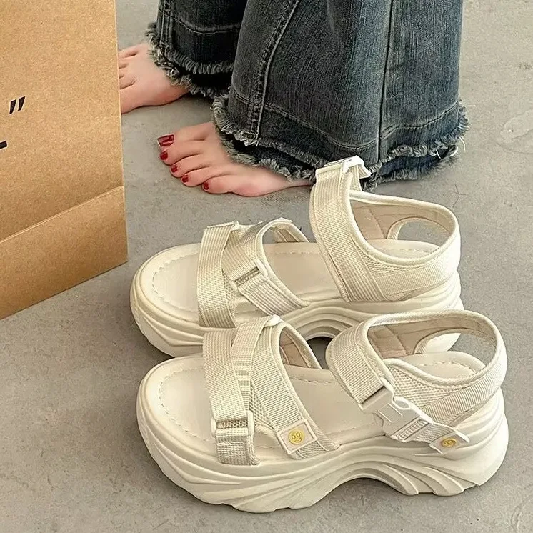 

2025 New Women's Thick Heel Sports Sandals Summer Outdoor Wear High-End Feelings Slope Heel Beach Roman Shoes Roman Slippers