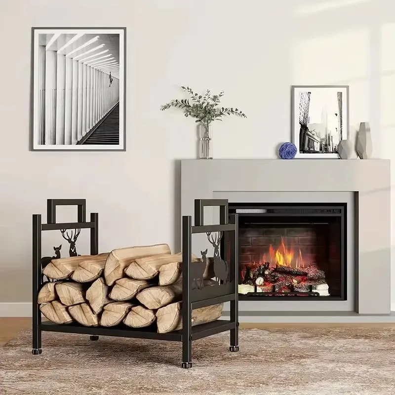 Metal Firewood Rack with Deer Design Heavy Duty Log Storage Stand for Indoor Outdoor Fireplace
