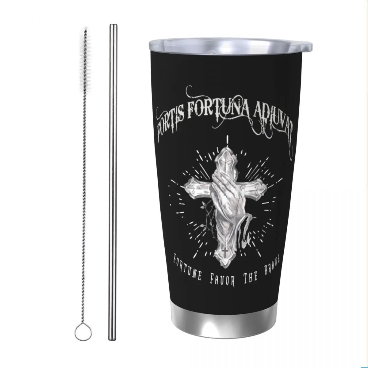 John Wick Fortis Fortuna Adiuvat Cross And Hand Tattoo Tumbler Vacuum Insulated Coffee Cups Vacuum Flask Mugs Spill Proof, 20oz