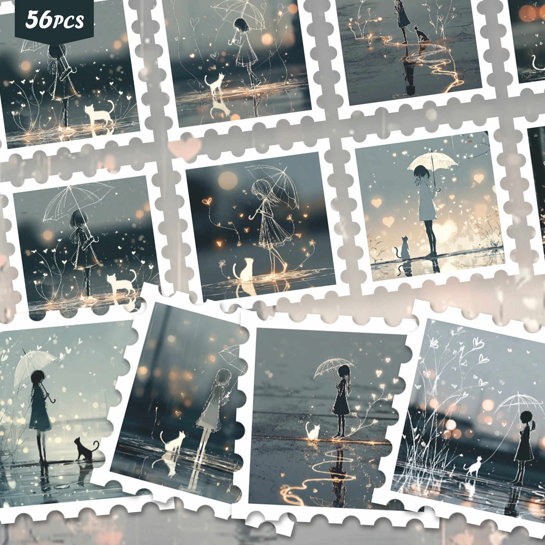 56PCS Night Rain Silhouette Stickers, umbrella figure & pet motifs, soft dreamy aesthetic, ideal for tumblers, for pads and for