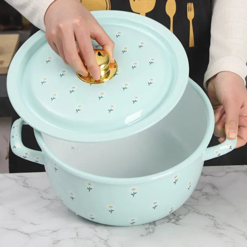 Olla para estofado de esmalte de borde enrollado grueso, olla nostálgica para sopa de porcelana de hierro, diseño de doble oreja para cocina de Gas e inducción