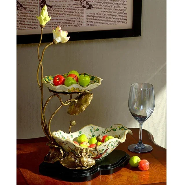 Creative Luxury European style Home Deco Brass Flower Shape Two Tiers Porcelain Tableware Fruit Bowl