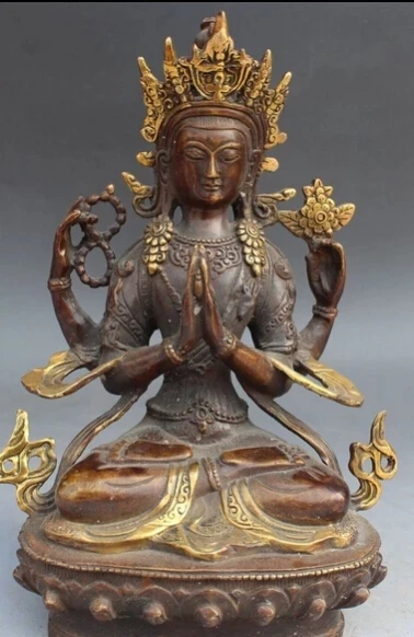 

8" Old Tibet Buddhism Bronze Gilt 4 Arms Chenrezig Buddha Avalokiteshvara Statue