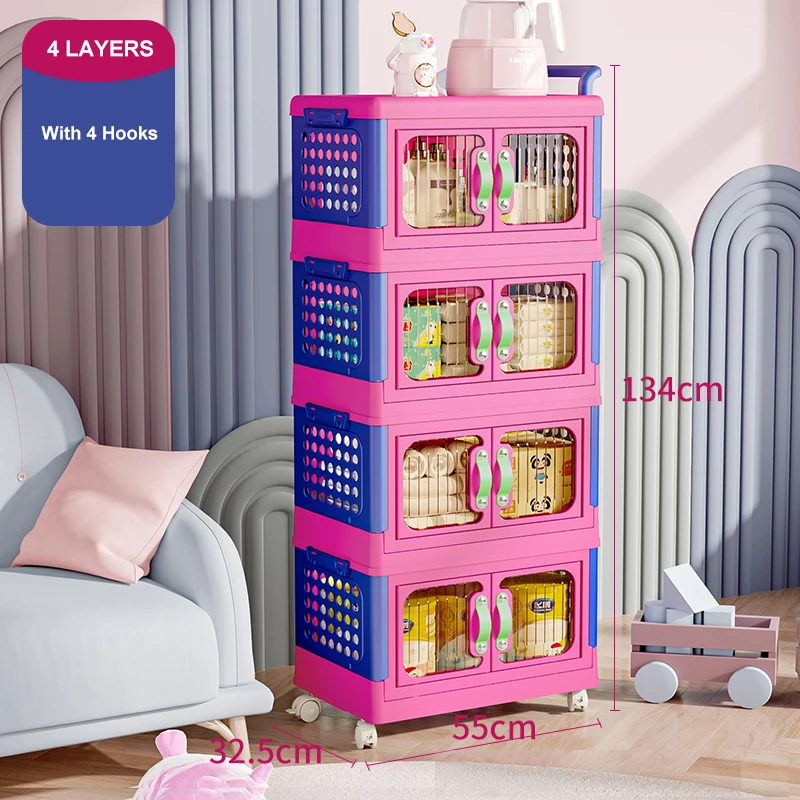 Selected PP Peg Board Storage Cabinet Plastic Children Wardrobe Cabinets Folding Storage Box With Swivel Wheels