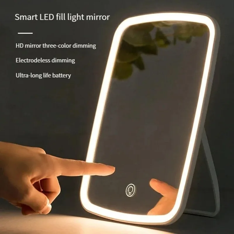 LED Makeup Mirror with Stand Desktop Folding Compact White Square Travel Cosmetic Mirror With light