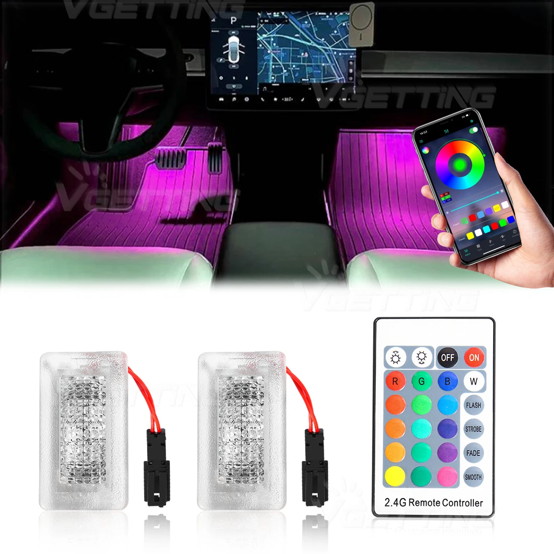 RGB LED Foot-Well Lights For Tesla Model 3 Y S X Interior Atmosphere Floor Door Puddle Trunk Decorative Lamp Remote App Control