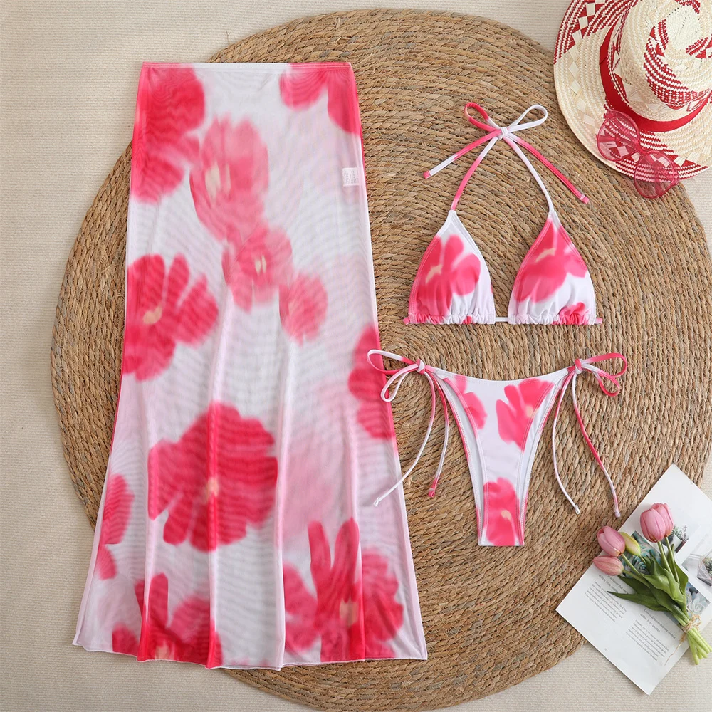 

Pink Floral Bikinis Sets Backless String Swimsuit Women Vacation Swimwear Mesh Midi Skirt Bikini Bottom Thong Beach Bathing Suit