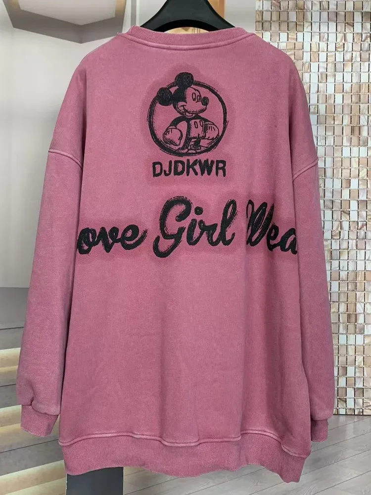 Herfst Winter Fleece Heavy-duty Strass Lippenstift Minnie Cartoon Losse Mode Verdikte Sweatshirt met Ronde Hals voor Dames