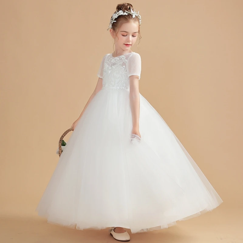 White Flower Girl Dresses Tulle Appliques Short Sleeve For Wedding Birthday Party First Communion Gowns