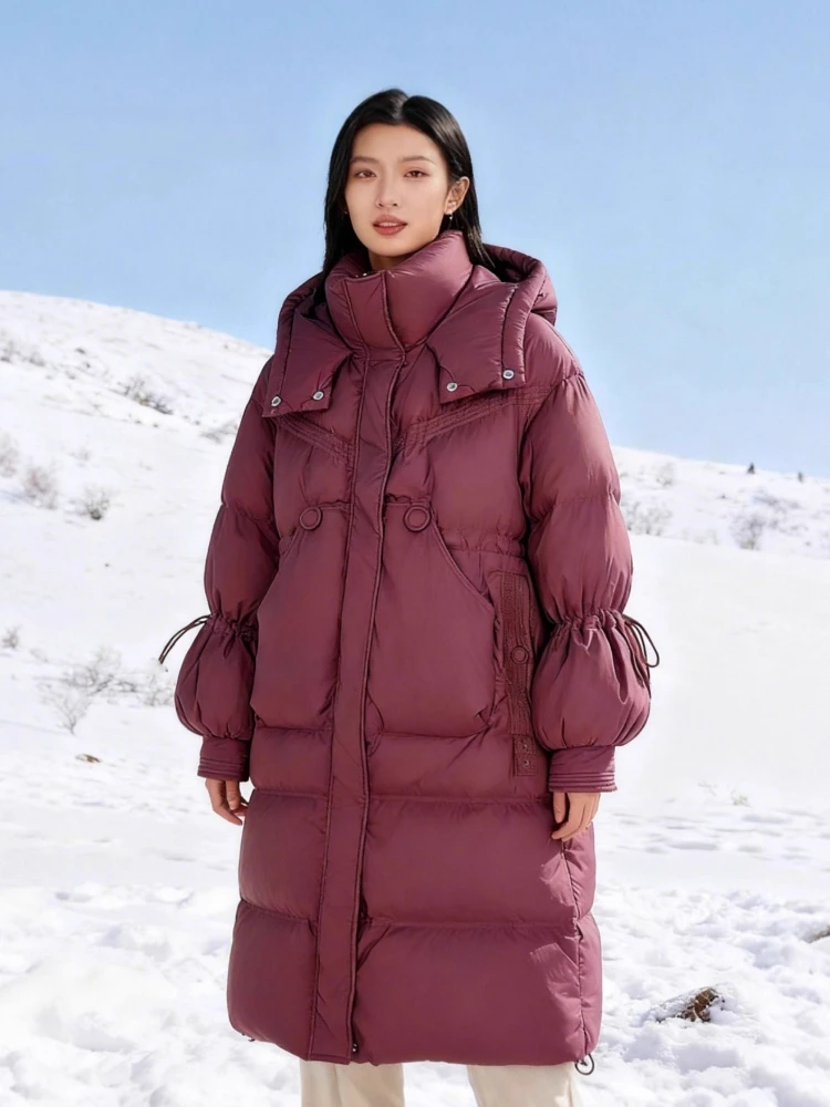 المرأة طويلة أسفل سترة شتاء جديد سميكة الدافئة زهرة برعم كم مقنعين سترات موضة فضفاضة الأبيض بطة معطف منتفخ ملابس خارجية