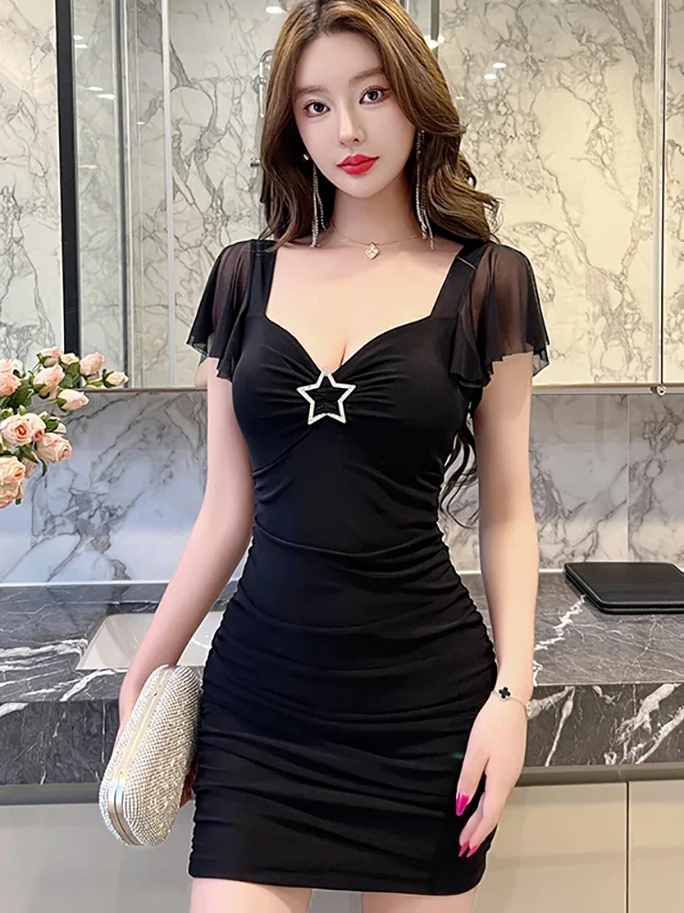 2024 Black Mesh Diamonds Square Collar Sexy Mini Dress Summer Flying Sleeve Casual Holiday Dress Women Korean Vintage Prom Dress