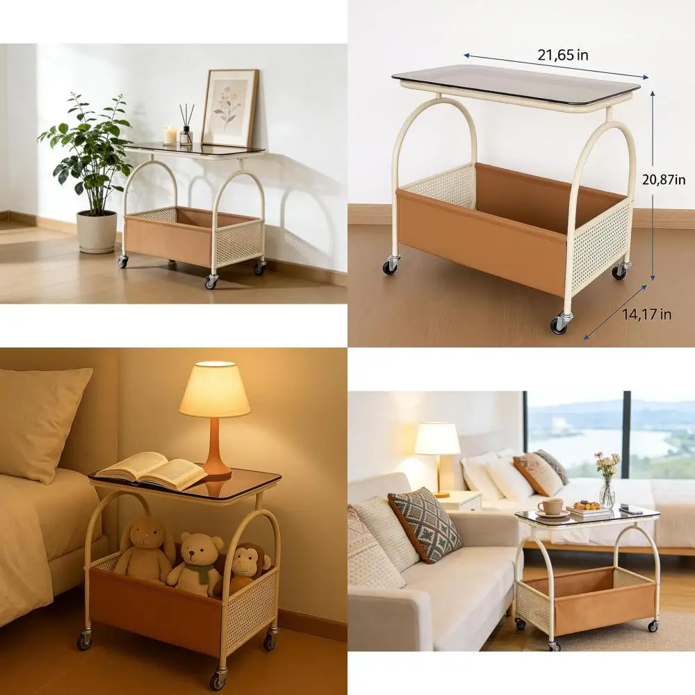 

Двухуровневый передвижной приставной столик со стеклянной столешницей и корзиной для хранения, мобильный приставной/журнальный столик для дома, 22 x 14 x 21, коричневый и белый