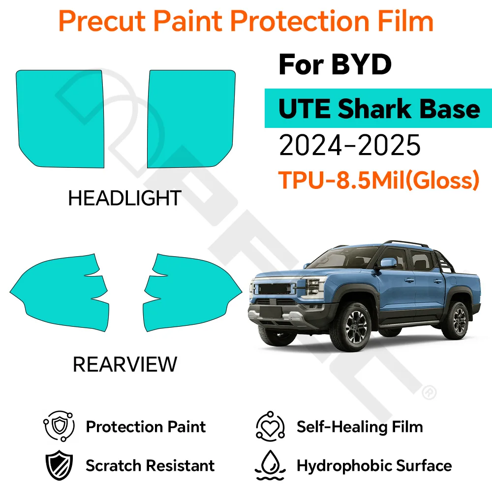 

For BYD Ute Shark Base 2024-2025 TPU Clear Bra Headlight Film 8.5mil Anti Scratch Self Healing Hydrophobic High Gloss PPF