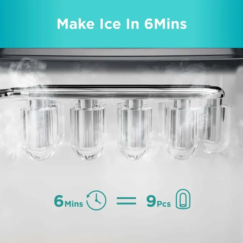 Encimera para hacer hielo QWSilonn, 9 cubos listos en 6 minutos, 26 libras en 24 horas, máquina de hielo autolimpiante con cuchara para hielo y cesta, verde