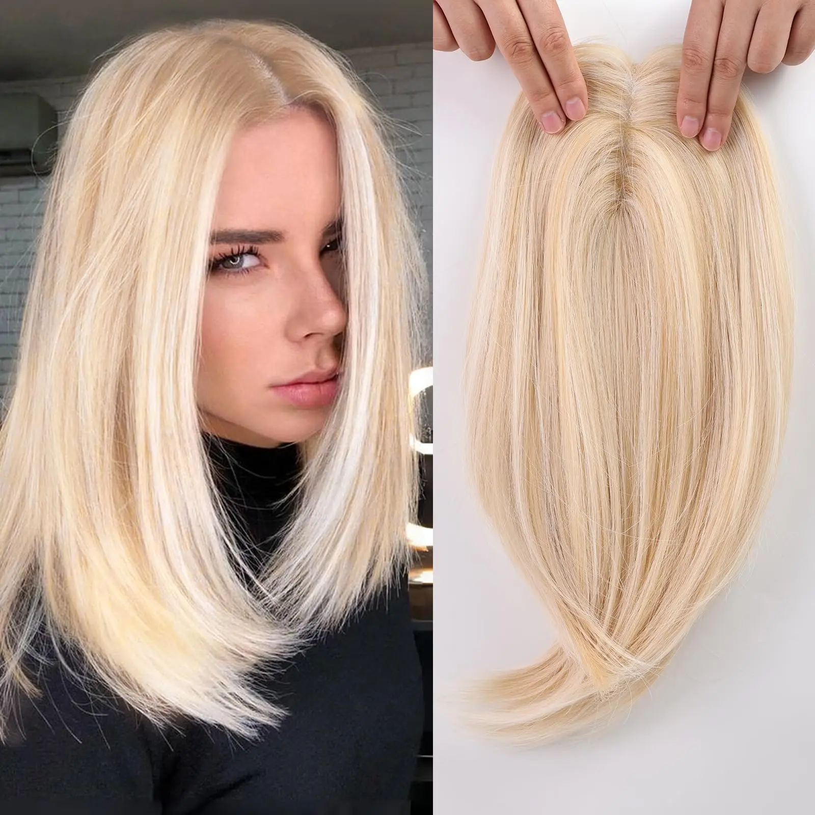 

100% Remy Human Hair Women Hairpiece 14" Blonde Topper with Silk Base & Heat-Resistant Styling 613 Color
