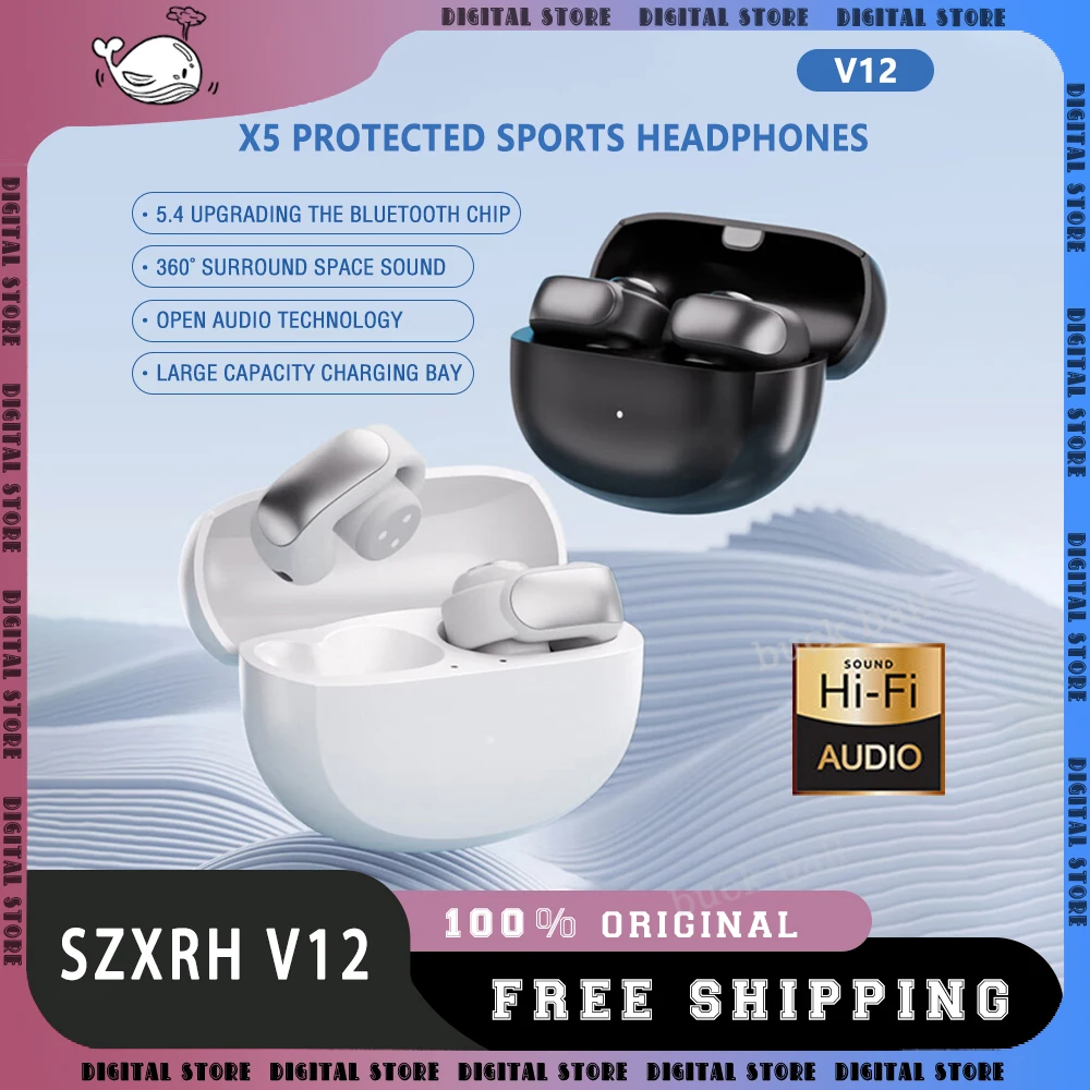 Impermeável Verdadeiros Auscultadores Sem Fio, Fones De Ouvido Esportivos, TWS Gaming Headest com Microfone, Clipe De Ouvido Aberto, SZXRH V12, Bluetooth 5.3