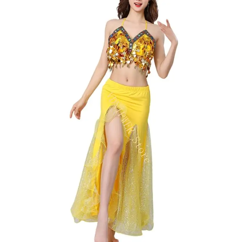 Zwarte rekbare buikdansoutfit gloeiende verfraaiingen Fringe Design Stage Show Ensemble D08E