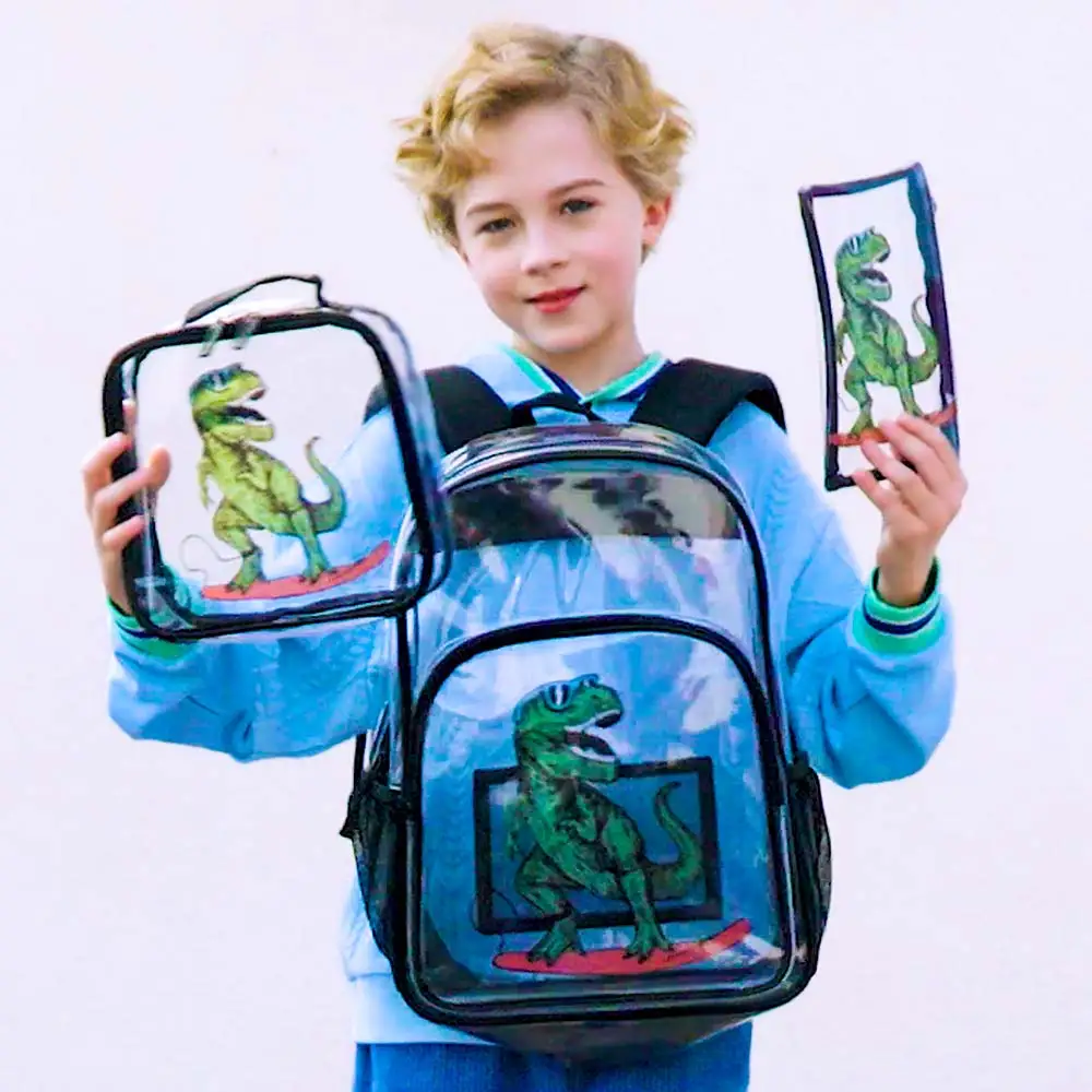 3 Buah Tas Ransel Transparan untuk Anak Laki-Laki, Tas Buku Transparan Motif Dinosaurus, Tas Ransel Tembus Pandang yang Lucu dengan Tas Makan Siang