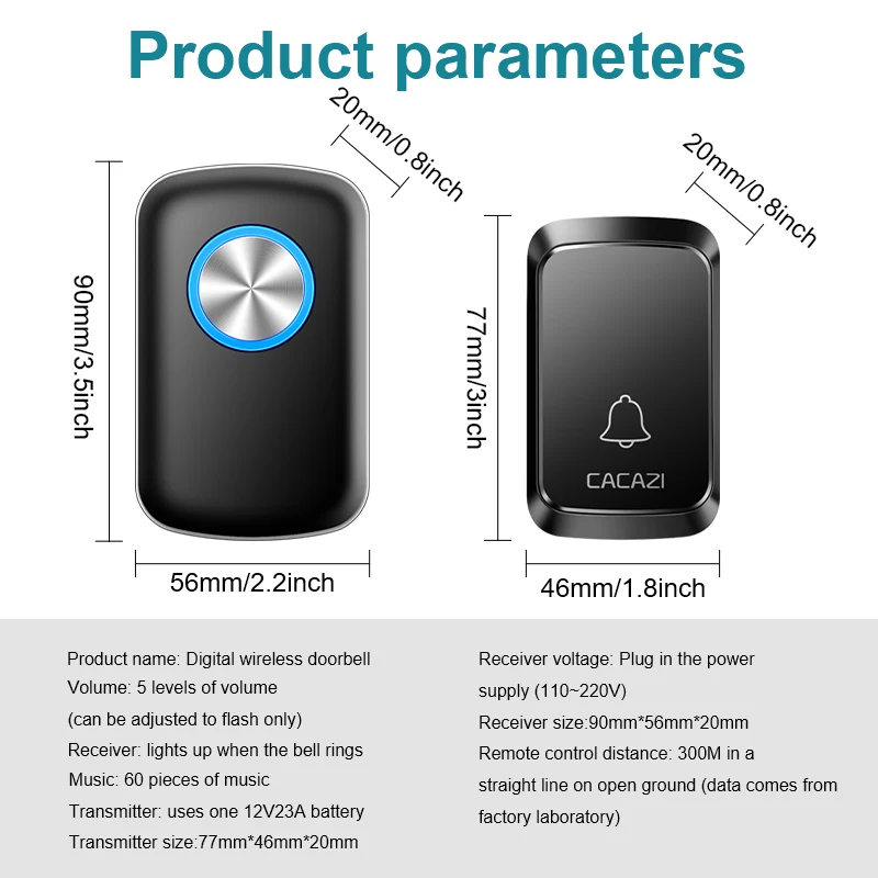 Wireless Doorbell Samrt Home Welcome Door Bell US EU Plug 300M Range 60 Melody 5 Level Volume Door Chime Kit with LED Light