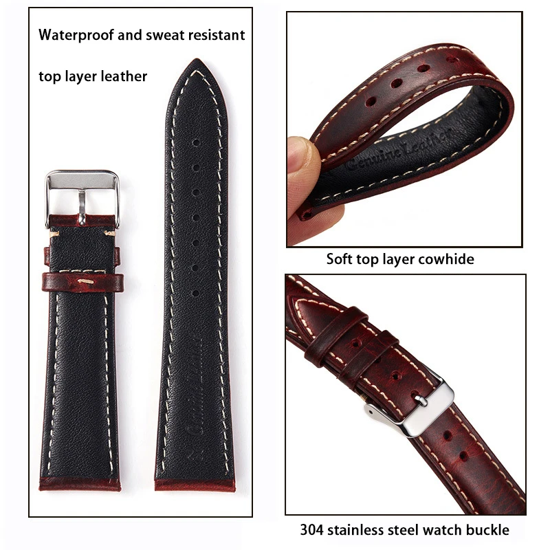 Vintage Watch Strap 18mm19mm20mm 21mm22mm Oil Wax Head Layer High Quality Wrist Strap Watch Accessories Pin Buckle Universal