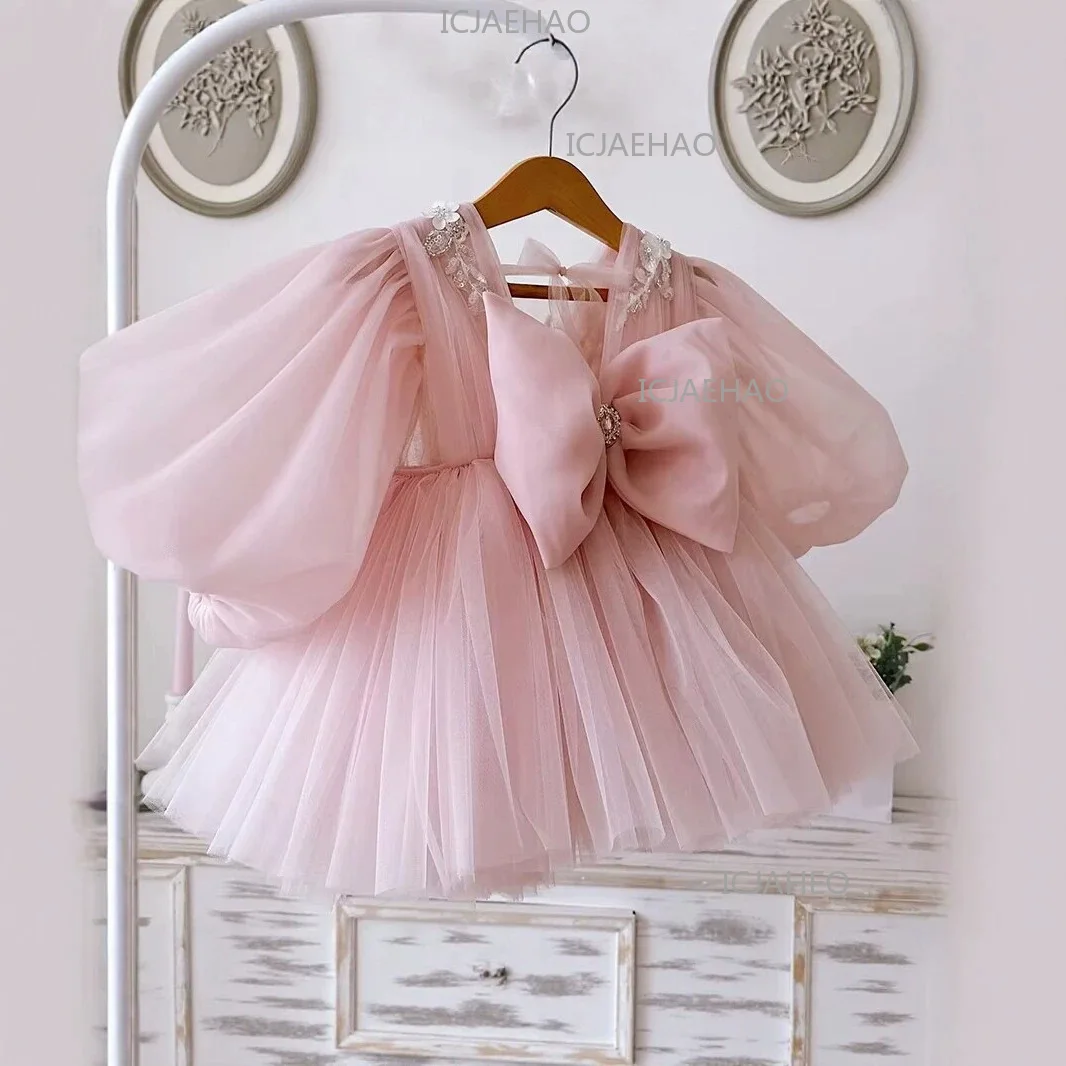 Exquisite Princess Dress With Bow For Kids' Birthday & Anniversary Party, Cute Pink Puffy Skirt For Girls Children Costume