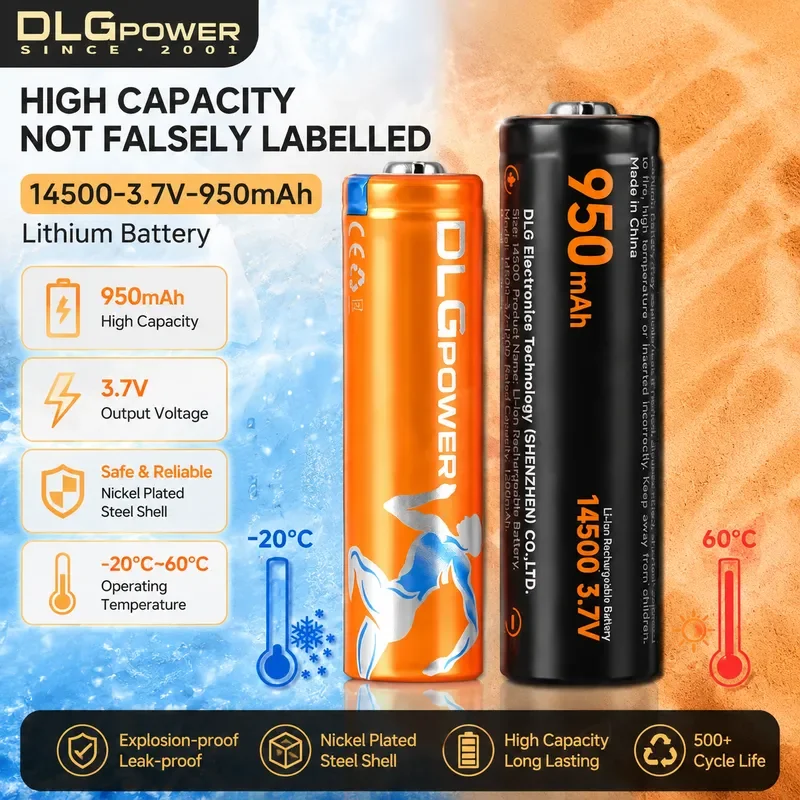 DLGpower AA Li-ion Rechargeable Battery 14500 950mAh 3.7V Batteries for RC Airplanes Flashlights Electric Toys Smoke Alarms