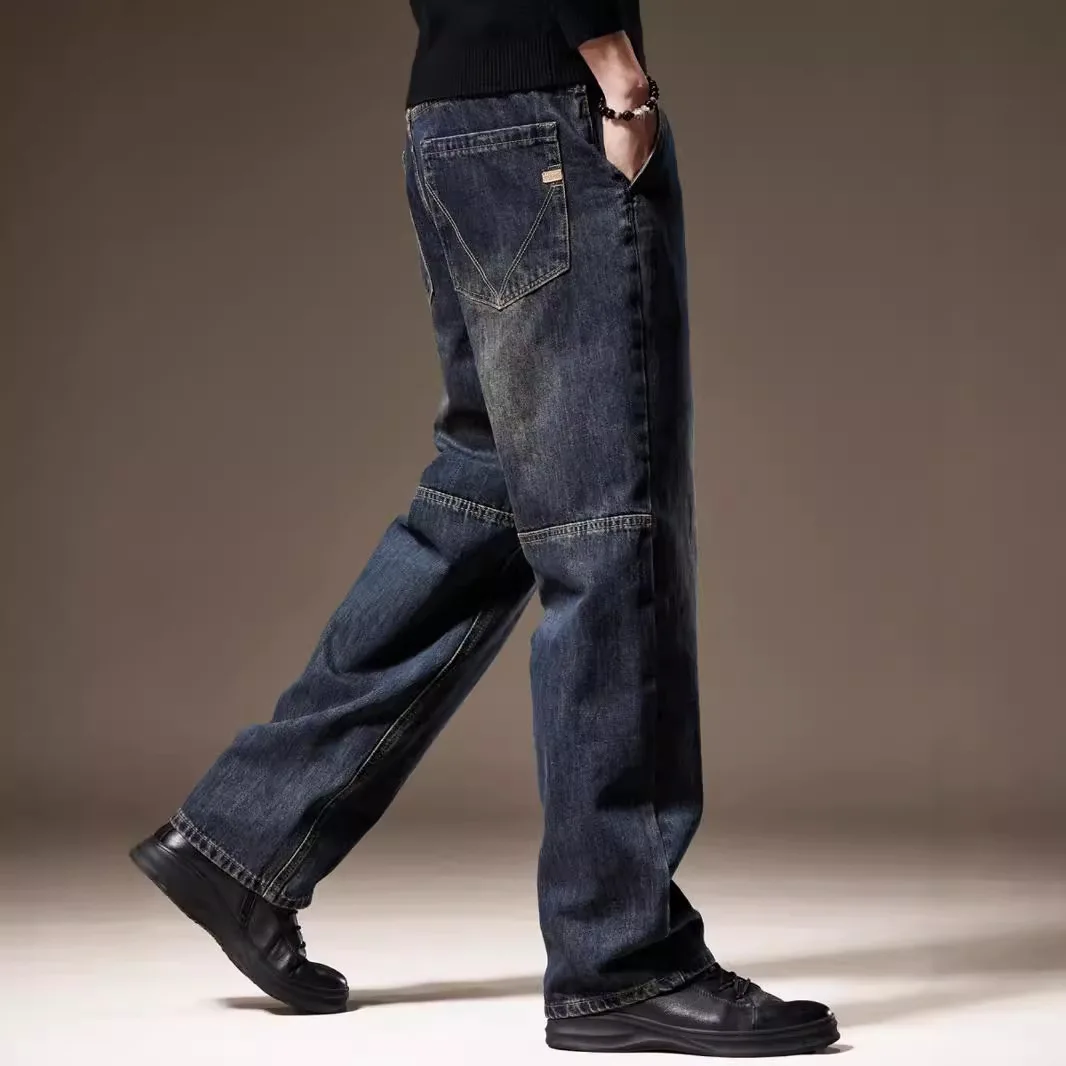 American Vintage Fashion Men Solid Color Dark Blue Black Straight Loose Fit Simple Basic Casual Trendy Jeans Pants Male Denim
