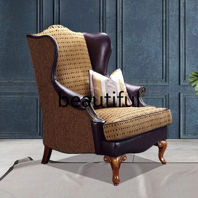 American country retro old villa living room single sofa custom pure solid wood first layer cowhide soft bag tiger chair