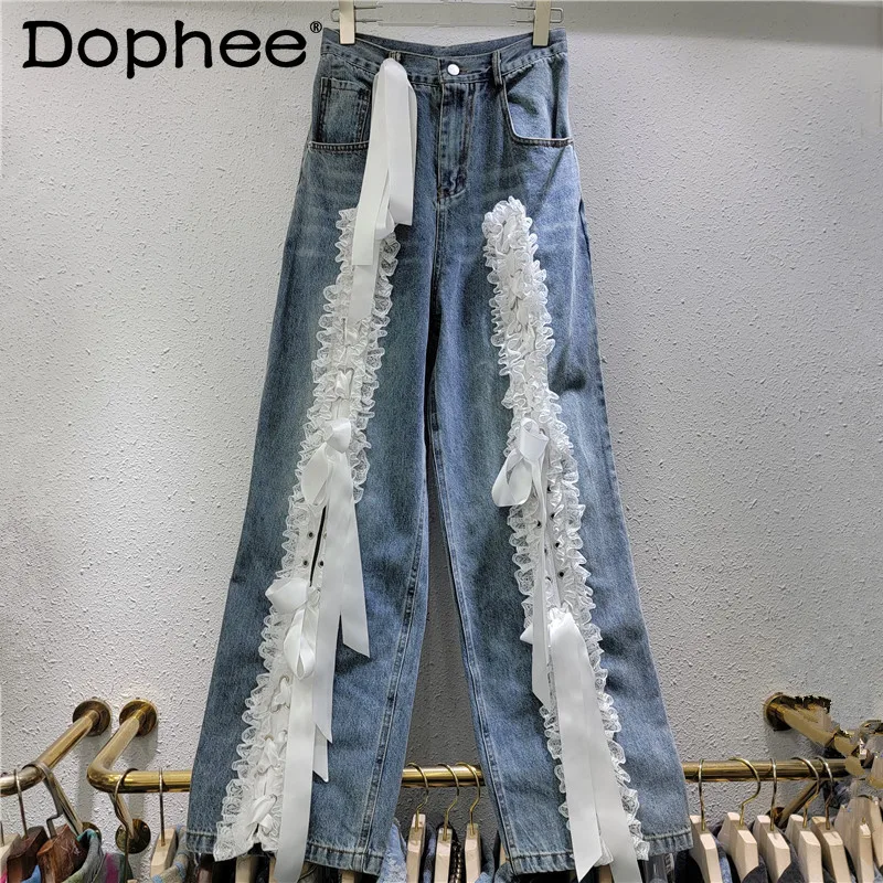 

American Retro Loose Wide-leg Jeans Sweet Girl Mopping Pants Women Autumn and Winter Lace Stitching Baggy Jeans 2025 New