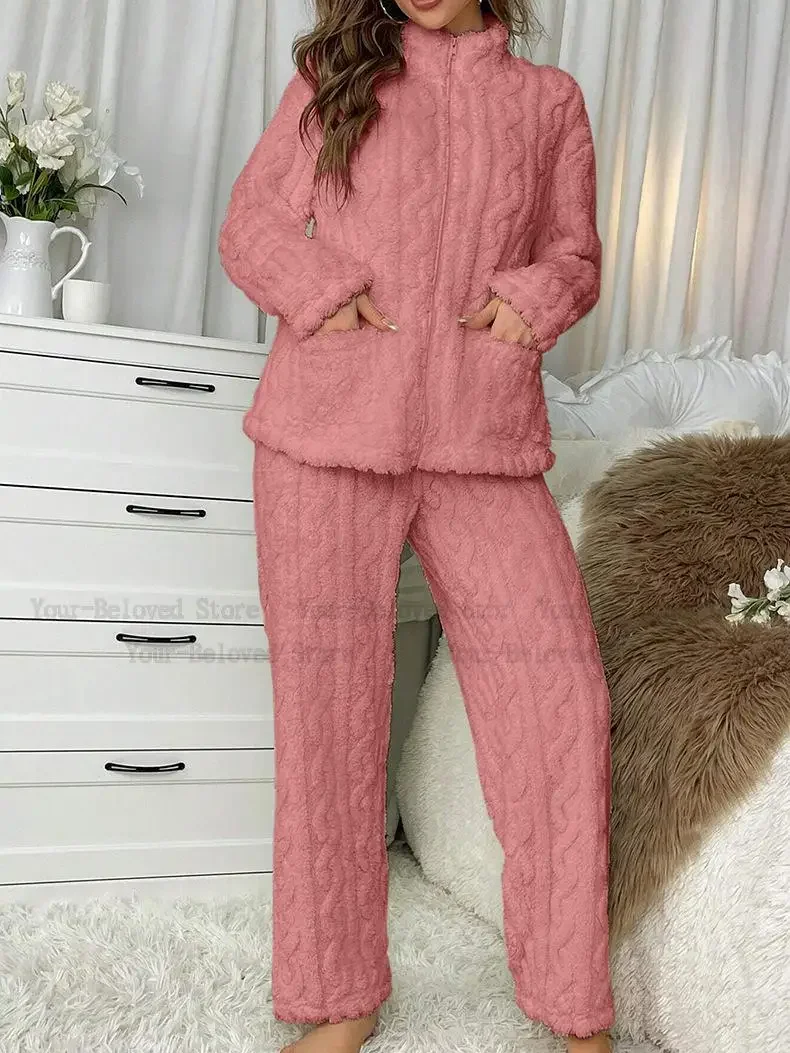

Thicken Coral Fleece Female Sleepwear Flannel Pajamas Set Autumn Winter Trouser Suit High Collar Lounge Wear 2025 New Homewear
