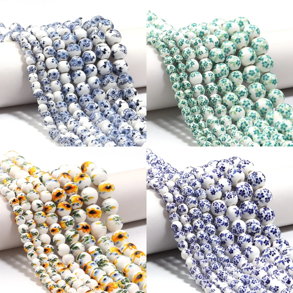 1 String 6/8/10/12mm Colorful Ceramic Round Beads Flower Patterns Loose Spacer Porcelain Beads For DIY Charms Bracelet Necklace