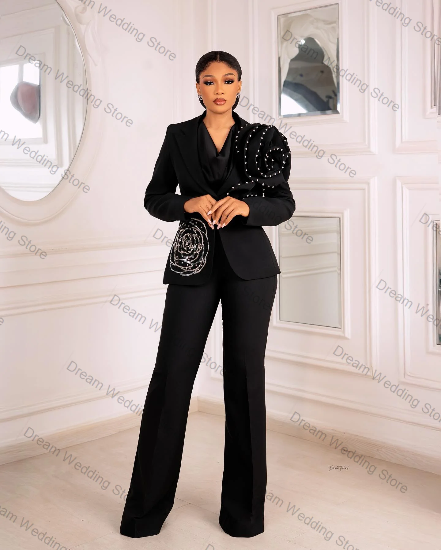 Ensemble de costume noir pour femmes, 2 pièces, Blazer + pantalon, cristaux, fleur 3D, veste formelle de bureau, manteau de bal de mariage d'été personnalisé