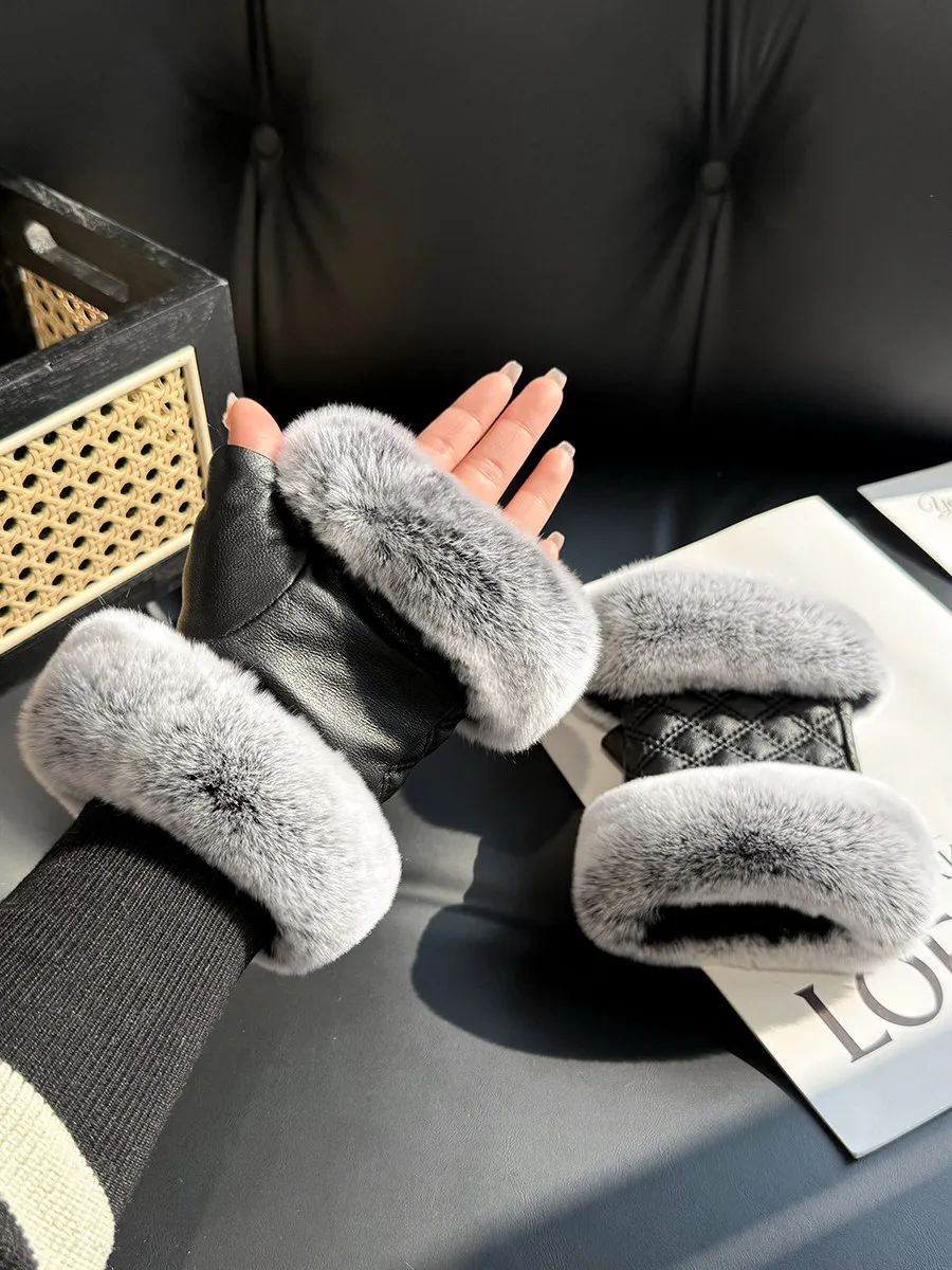 winter-touchscreen-real-rex-rabbit-fur-half-finger-gloves-women's-cute-genuine-lamb-leather-hand-warmers-with-wrist-protection