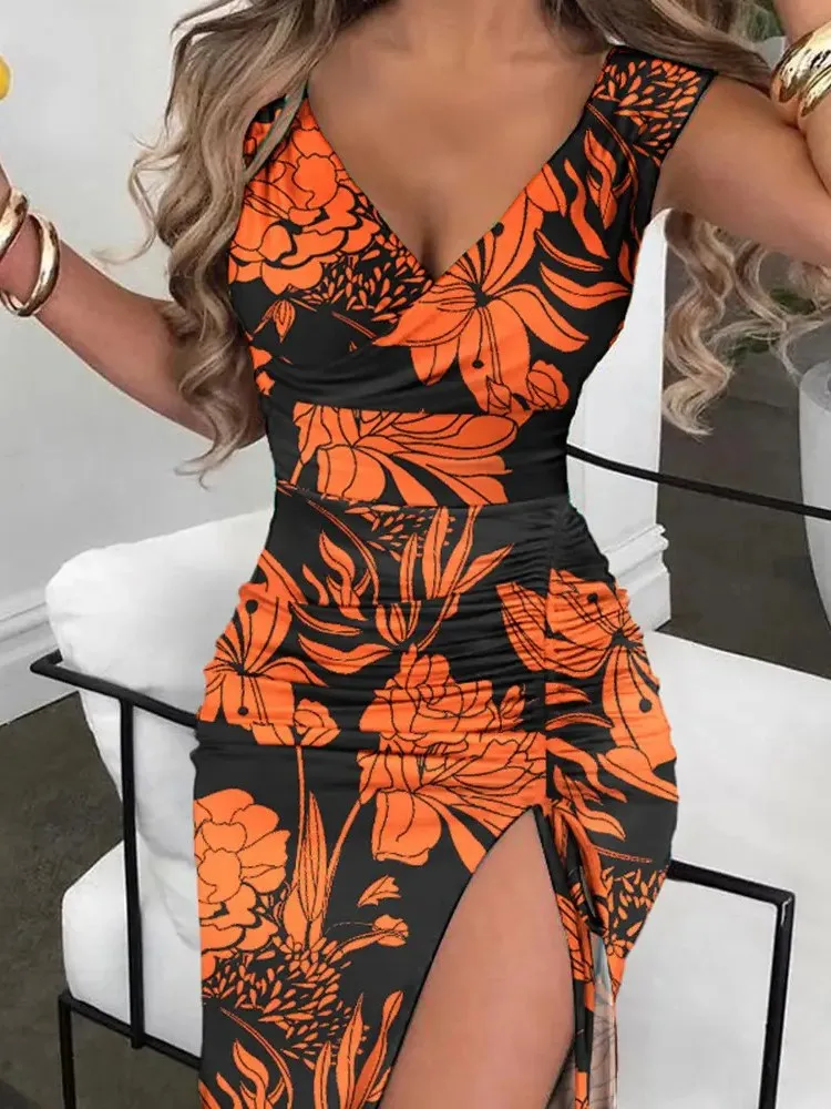 Fashion Sexy Bodycon Dress Women's Summer Elegant V-neck Sleeveless Print New Casual Dresses For Women Robe Femme Vestidos