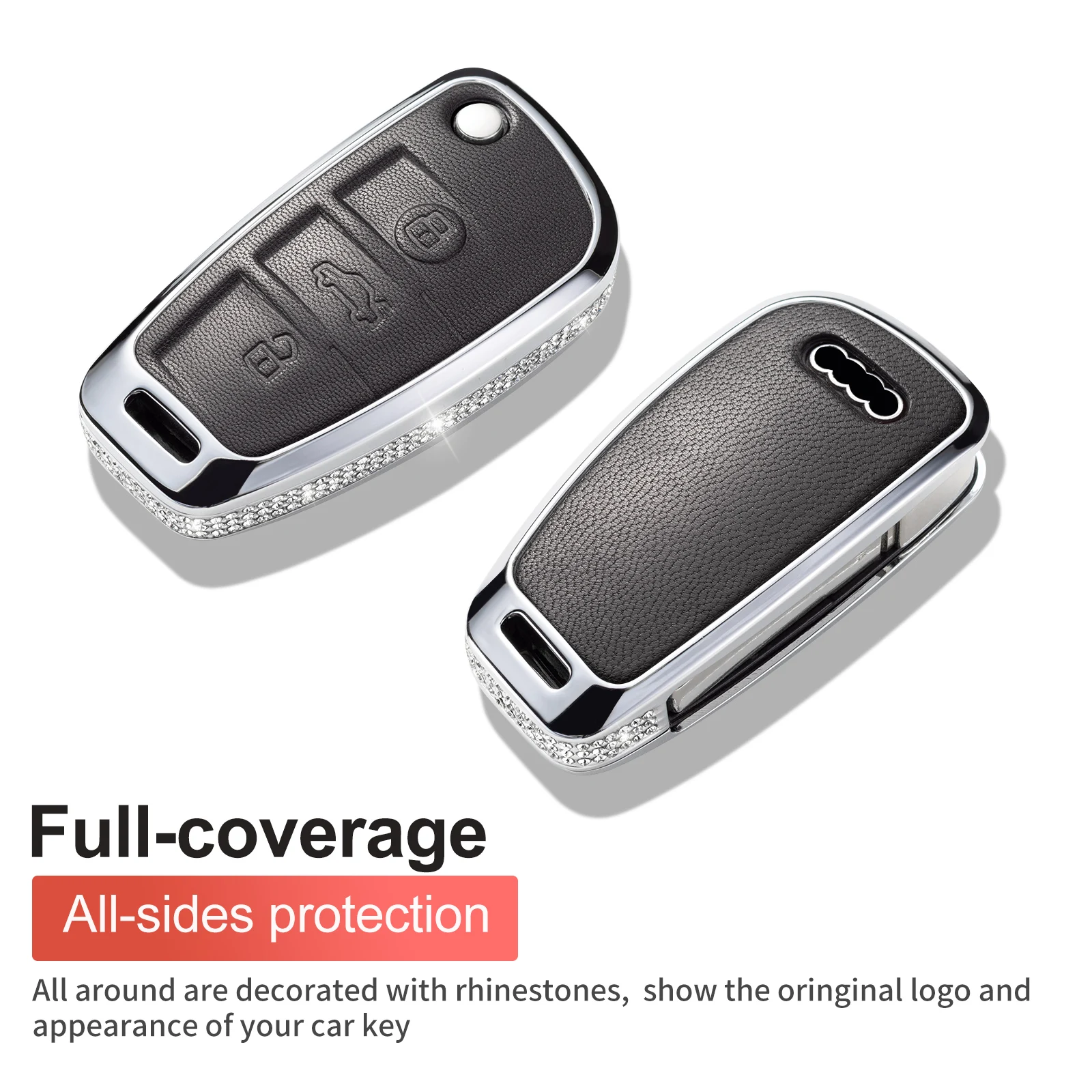 Compatible with Audi Key Fob Cover, Pink Genuine Leather Crystal Key Case Protection Shell for A1 A3 Q3 Q7 R8 A6L TT Smart Key