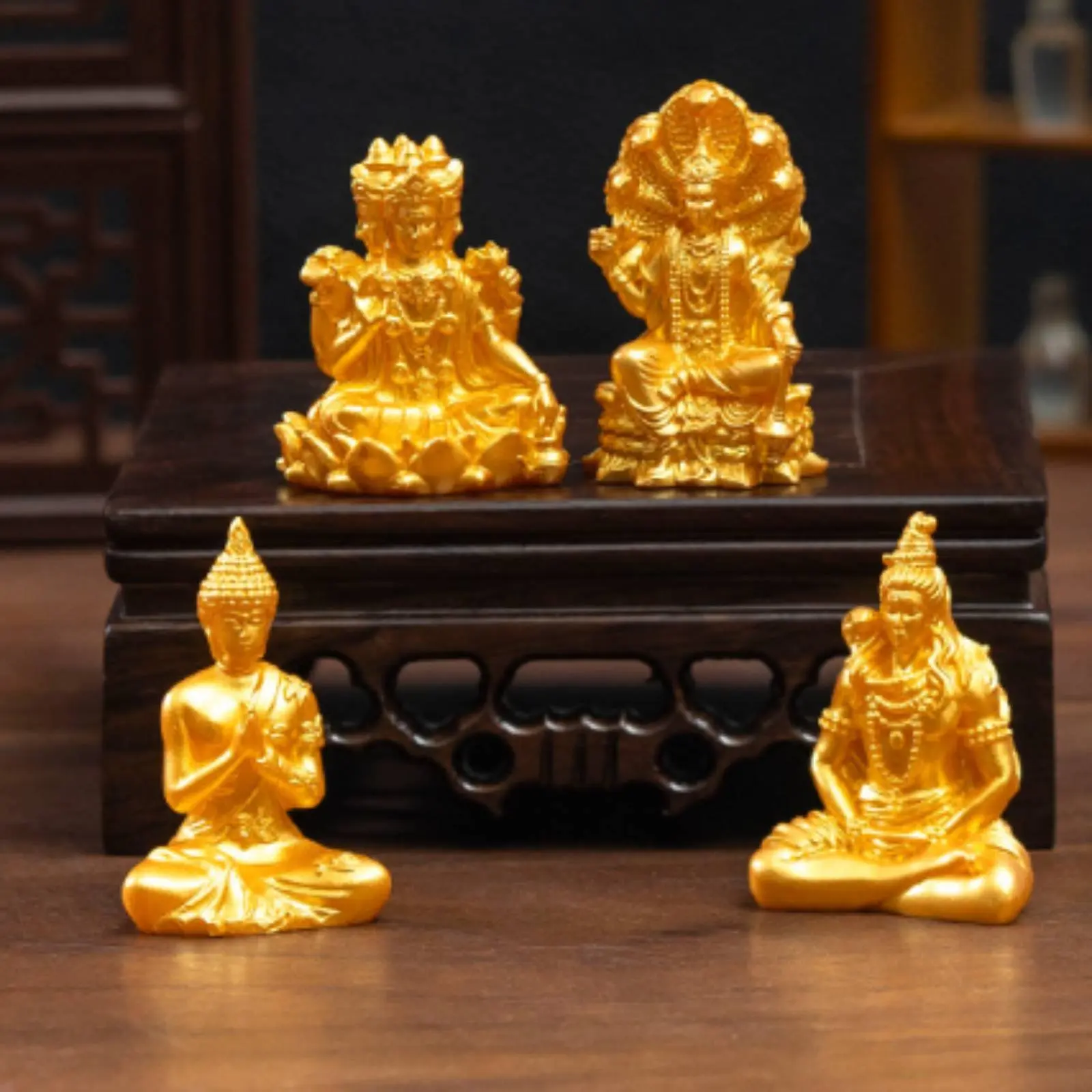 Miniature Buddha Statue Gold Finish Southeast Asian God Statue Golden Deity Figurine Detailed Craftsmanship for Dollhouse, Altar
