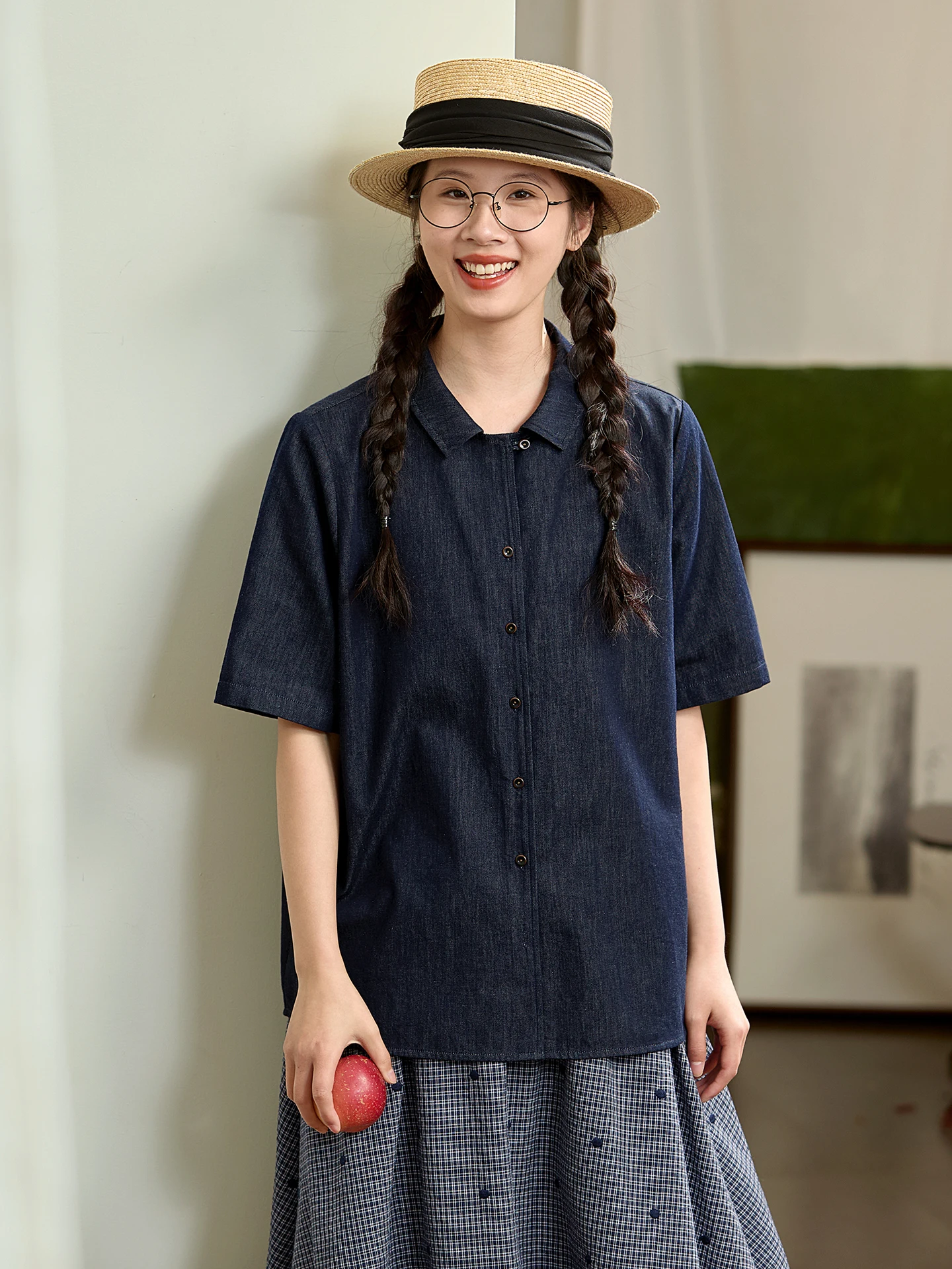 

Loose Fit Pure Cotton Short Sleeve Casual Denim Shirt Women Summer Slimming Style Cleanfit Collar Top Chinese Brand Stitch