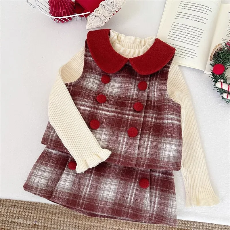 

TOY-Winter New Stylish Girl's Vest Woolen Vest Short Skirt Two-Piece Set Thickened Baby Girl Outfit
