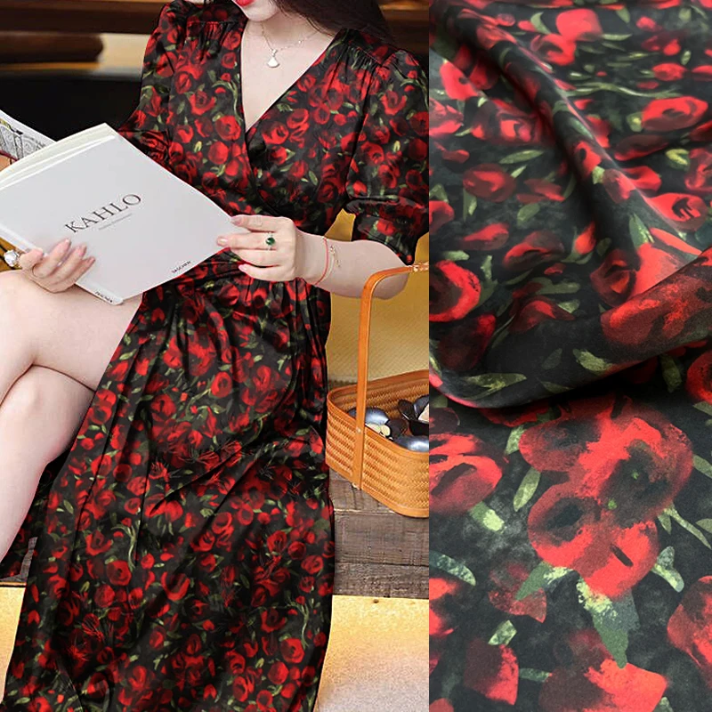 Silk Satin Fabric with Printed Design-140CM Width,19MM, Red Tulips on Black Print,Stretch Smooth Fabric for Summer Dresses D1536