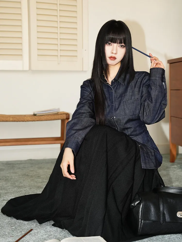 

Ретро-рубашка из денима в гонконгском стиле с воротником, новинка, приталенная, из хлопка, с длинным рукавом, женская, для делового повседневного стиля, без пуговиц.