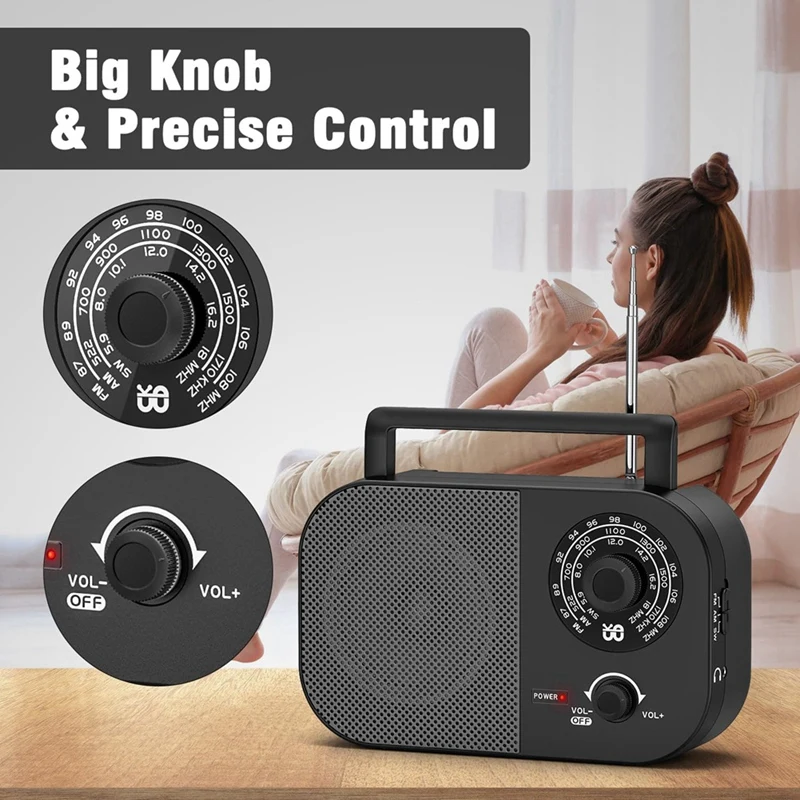 Portable Radio AM FM SW Transistor Radio Battery DC Or AC Power, 5W Big Speaker, Large Tuning Knob Outdoor Pocket Radio