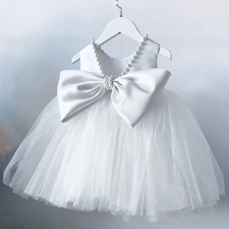 Cute Baby Dress Summer Toddler Kids Bow Clothes Newborn 1st Birthday Baptism Party Dresses Backless Beading Wedding Prom Gown