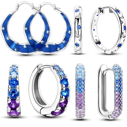Silver Plated Earring Blue Zircon Star Moon Circle Hoop Earrings For Women Making Jewelry Gifts Wedding Engagement