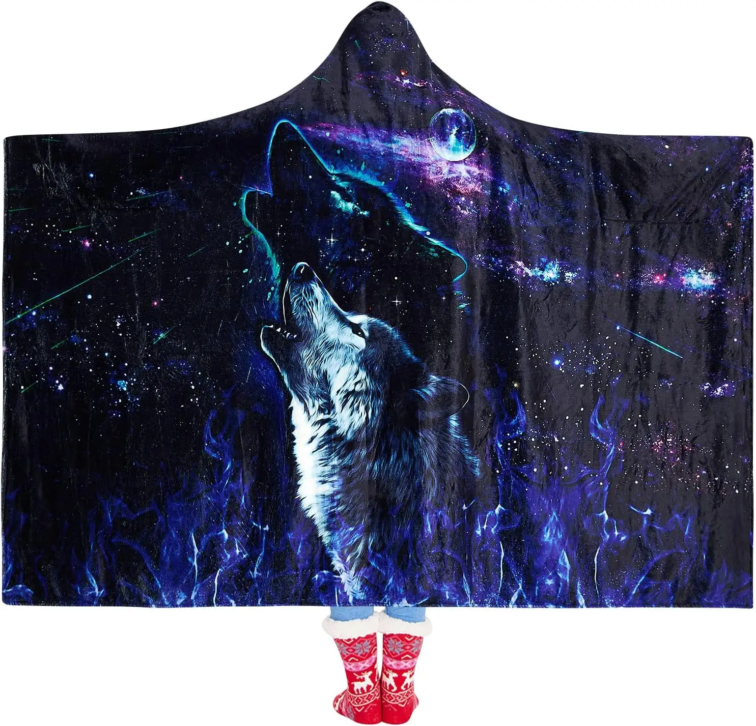 Wolf and Moon Throw Blanket Women Men Hooded Wearable Fleece Plush 3D Print Galaxy Wolf Moon Blanket 60X80 Inces for Home