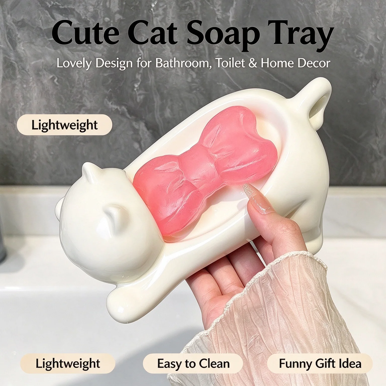 Cute Cat Shaped Self Draining Soap Holder Soft Plastic Soap Dish Tray Soap Saver Bathroom Supplies Toilet Accessories Home Decor