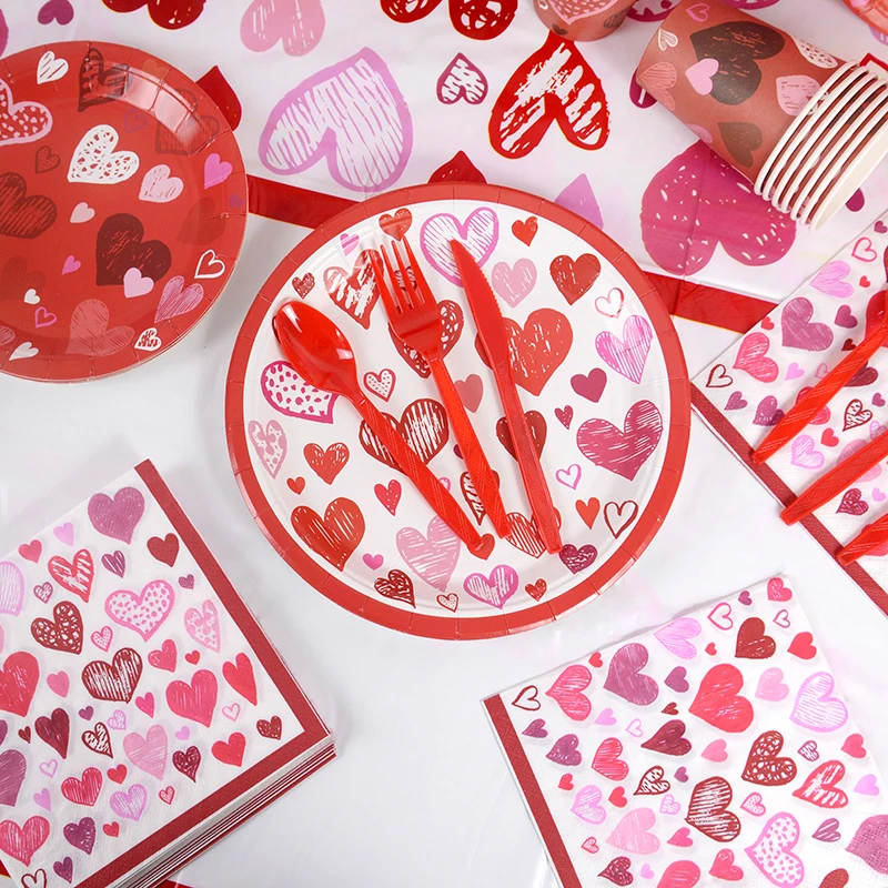 1/8/16pcs Valentine’s Day Party Heart Cups Tissues Plates Red Heart Disposable Tableware Set Wedding Party Love Decoration