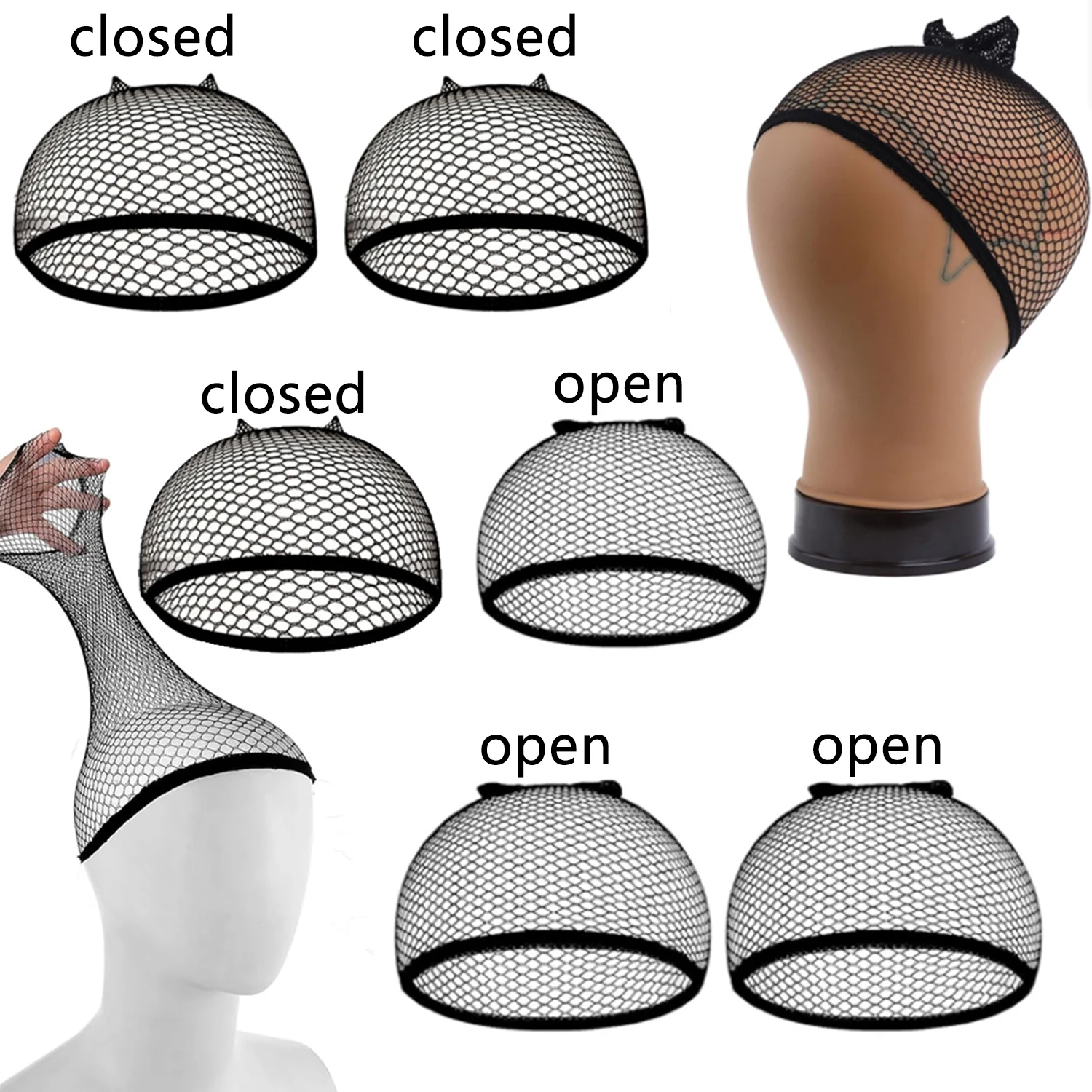 Geschlossene/Offene Netz-Perückenkappen & Fischnetz-Haarnetze für Frauen, Nylon-Webnetze für Halloween-Cosplay – Detail 1